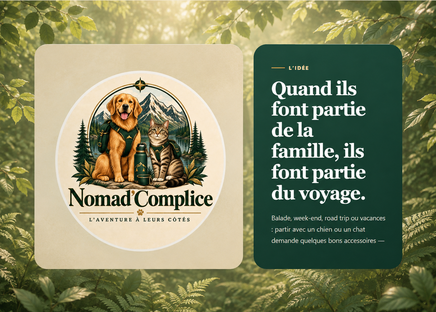 Page À propos Nomad’Complice sur fond de feuillage clair réaliste
