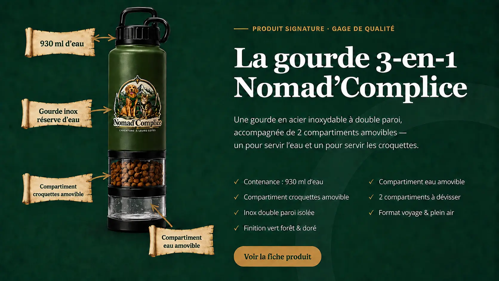 La gourde 3-en-1 Nomad’Complice avec deux compartiments amovibles pour l’eau et les croquettes
