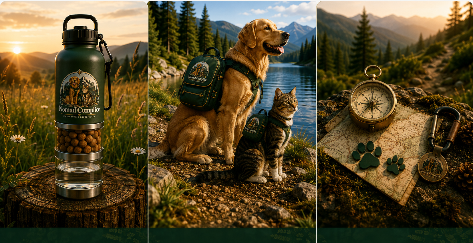 Boutique Nomad’Complice sur fond feuillu vert avec la gourde 3-en-1, la collection outdoor chien et chat, et les accessoires nomades