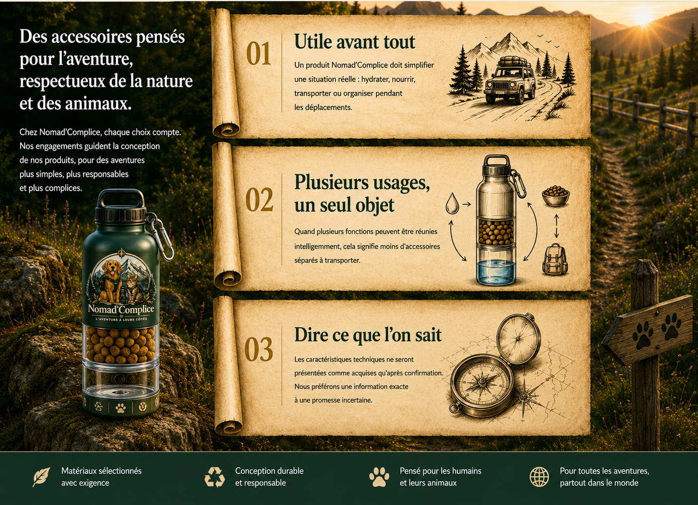 Page Nos engagements Nomad’Complice avec trois parchemins, paysage de campagne et gourde à deux compartiments